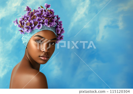 Banner with a charming model with a half-length portrait of a graceful young woman in a bathing cap made of violets against a blue wall, an idea for advertising spa and body care Banner with a charming model with a half-length portrait of a graceful young woman in a bathing cap made of violets against a blue wall, an idea for advertising spa and body care 115120304