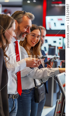 A seller demonstrates to buyers the advantages of new smartphones to interested buyers, seasonal sales concept 115120407