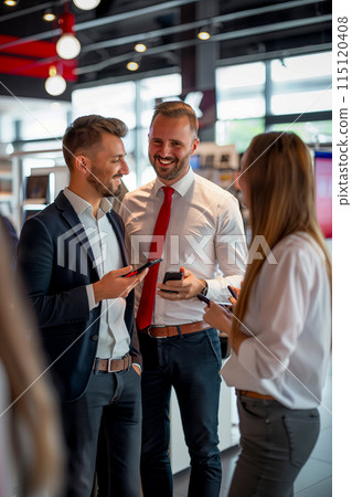 Shopping in a shopping center, a salesperson helps customers choose new appliances for their home 115120408