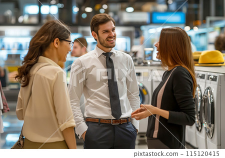 Poster with a seller of household appliances advising customers on the choice of new equipment, the concept of seasonal sales 115120415
