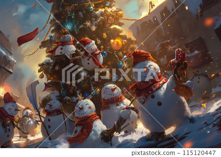 Party of snowmen having fun under the Christmas tree on the town square, idea for a funny retro card for New Year's holidays and Christmas Party of snowmen having fun under the Christmas tree on the town square, idea for a funny retro card for New Year's holidays and Christmas 115120447