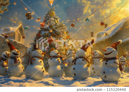 Postcard with snowmen having fun under the Christmas tree on the town square, an idea for a funny retro postcard for the New Year holidays and Christmas Postcard with snowmen having fun under the Christmas tree on the town square, an idea for a funny retro postcard for the New Year holidays and Christmas 115120448