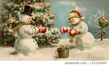 Retro card with gentlemen snowmen competing in a boxing match, funny Christmas card Retro card with gentlemen snowmen competing in a boxing match, funny Christmas card 115120449