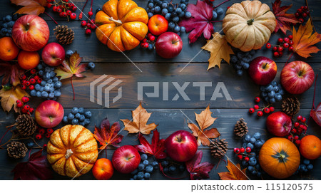 Autumn Leaves in a Wicker Basket With Pumpkins on a Wooden Table 115120575