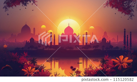 Large Orange Moon Over The Taj Mahal In Agra India 115120582