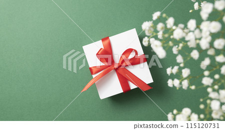 a white gift box with a red ribbon on a green background with a bouquet of gypsophila. a white gift box with a red ribbon on a green background with a bouquet of gypsophila. 115120731