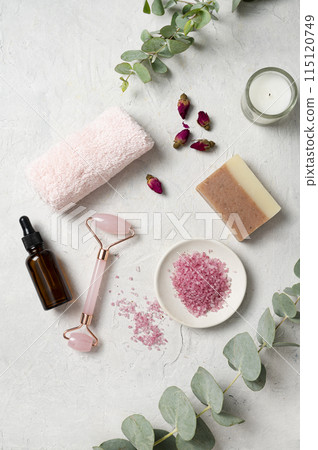 Organic pink sea salt with rose, massage oil, soap, towel  and candle with eucalyptus branch  115120749