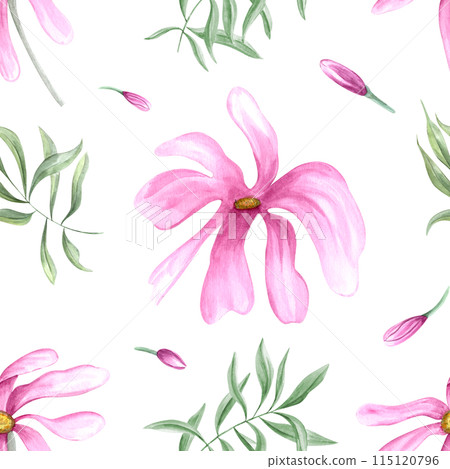 Pink multi petalled flowers and greenery. Seamless pattern of delicate spring plants. Green leaves and unusual magnolia flower. Watercolor illustration for textile, package 115120796