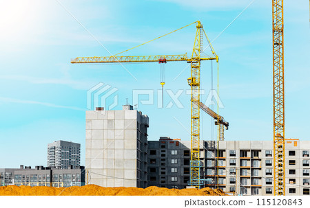 Construction site with crane. City work under sky. Industry blue business. Home building house, Construction site with crane. City work under sky. Industry blue business. Home building house, 115120843