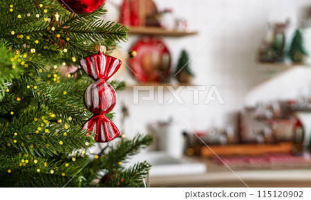 Christmas holiday tree with ornaments. Merry xmas, winter fir, new year decor. White candy balls, Christmas holiday tree with ornaments. Merry xmas, winter fir, new year decor. White candy balls, 115120902
