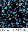 Green, mint, blue cannabis pattern on black background, green leaves Hand drawn watercolor illustration Green, mint, blue cannabis pattern on black background, green leaves Hand drawn watercolor illustration 115120969