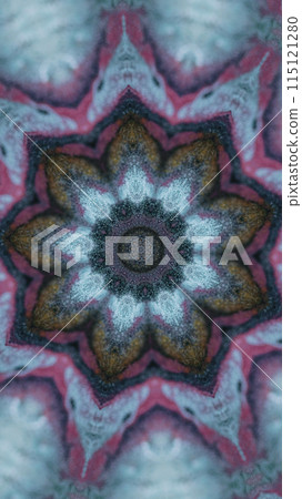 Lotus mandala. Ethnic kaleidoscope. Blur blue pink color sparkling particles texture ink flow round flower design abstract art background. Lotus mandala. Ethnic kaleidoscope. Blur blue pink color sparkling particles texture ink flow round flower design abstract art background. 115121280