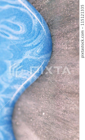 Colored drip. Abstract ink. White strips stains on blue wave liquid ocean paint art texture shimmering gray wooden glitter overlay bokeh defocused. Colored drip. Abstract ink. White strips stains on blue wave liquid ocean paint art texture shimmering gray wooden glitter overlay bokeh defocused. 115121335