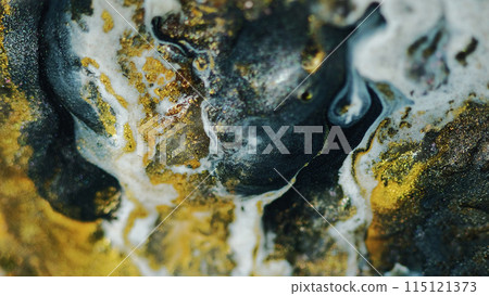 Ink spill. Glitter fluid mix. Defocused black white gold yellow color shimmering wet paint flow bokeh light marble texture abstract art background. 115121373