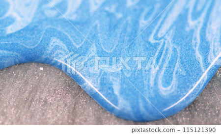 Wet glitter spill. Paint flow. Defocused blue white color shiny particles marble curves texture ink fluid wave gray overlay abstract art background. 115121390