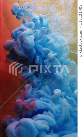 Ink water splash. Fluid smoke. Bright blue red color steam texture paint mix wave flow on defocused gold grain abstract art background. 115121405