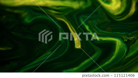 Sparkling ink spill. Liquid marble. Defocused green yellow color shiny glitter particles acrylic paint fluid emulsion pigment wave abstract art background. 115121406