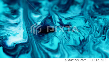 Ink spill. Marble paint. Defocused blue black color dust particles acrylic pigment splash emulsion fluid blend liquid wave abstract art background. 115121418
