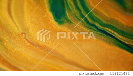 Shiny paint. Sparkling sand texture. Defocused golden yellow green color metallic grain particles acrylic pigment ink fluid mix layers abstract art background. Shiny paint. Sparkling sand texture. Defocused golden yellow green color metallic grain particles acrylic pigment ink fluid mix layers abstract art background. 115121421