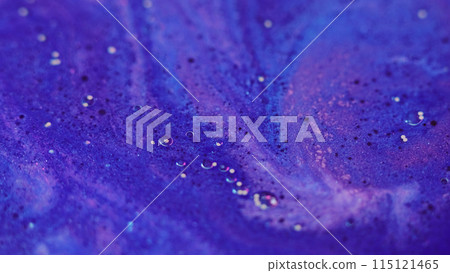 Bubble paint. Wet ink. Glitter water. Defocused blue purple color sparkling foam liquid shimmer gradient fluid shiny oil drops star float abstract art background. 115121465