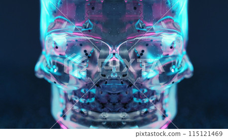 Crystal skull. Neon fluid drip. Cyber skeleton. Defocused iridescent pink blue transparent particles texture gel spill glass head on dark symmetrical abstract art background. Crystal skull. Neon fluid drip. Cyber skeleton. Defocused iridescent pink blue transparent particles texture gel spill glass head on dark symmetrical abstract art background. 115121469