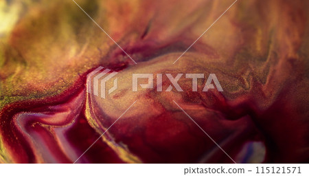 Paint flow. Glitter ink spill. Defocused red pink purple golden color mix shimmering dust sequin particles water pigment emulsion liquid blend motion abstract art background. 115121571