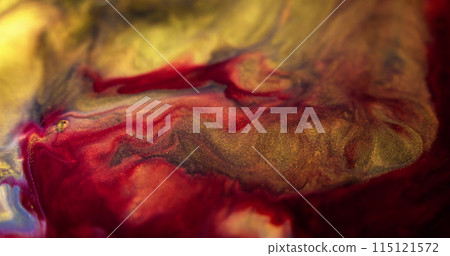 Sparkling ink. Glitter paint drip. Defocused red blue golden color metallic sequin shiny dust particles texture pigment emulsion fluid flow motion abstract art background. 115121572
