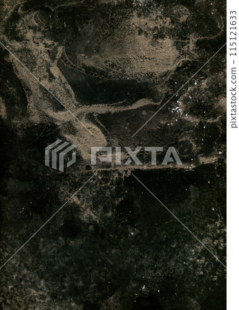 Dust overlay. Vintage film. Black color sand pattern grimy material stain stripe messy surface chalk particles art grunge abstract background. 115121633