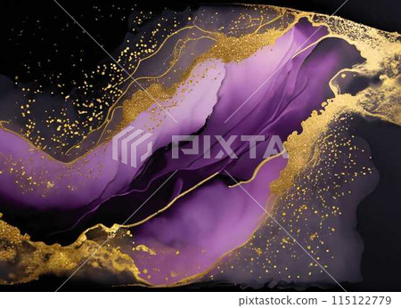 Abstract alcohol ink art - purple and gold waves 115122779