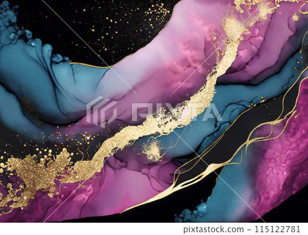 Abstract alcohol ink art - blue, pink and gold waves 115122781