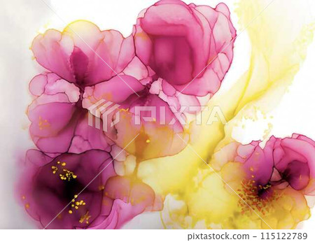 抽象酒精墨水藝術-粉紅色和黃色的花朵 抽象酒精墨水藝術-粉紅色和黃色的花朵 115122789
