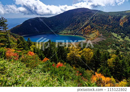 Lake Goshiki with autumn foliage as seen from Mount Igatama in the Azuma Mountain Range Lake Goshiki with autumn foliage as seen from Mount Igatama in the Azuma Mountain Range 115122802