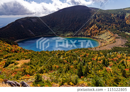 Lake Goshiki with autumn foliage as seen from Mount Igatama in the Azuma Mountain Range 115122805