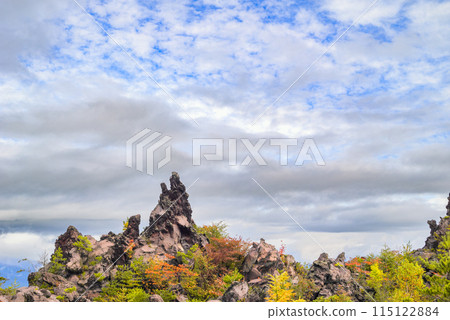 Autumn leaves on rocks and the autumn sky [Onioshidashi Park] 115122884
