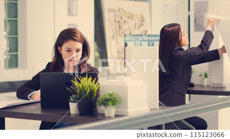 POV of designer interacting with client via videocall connection to review architectural plan proposals and suggest renovation choices. Architect speaks via web videoconference. Tripod shot. 115123066