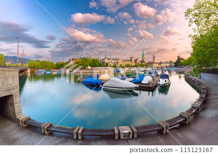 View of Fraumunster and St Peters Church, Zurich, Switzerland 115123167