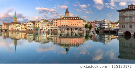 Waterfront View of Zurich with Fraumunster and St Peters Church, Switzerland Waterfront View of Zurich with Fraumunster and St Peters Church, Switzerland 115123172
