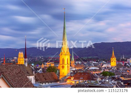 Skyline of Zurich with Church Towers at Dusk, Switzerland 115123176