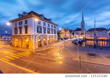 Evening View of Fraumunster and Munsterbrucke, Zurich, Switzerland Evening View of Fraumunster and Munsterbrucke, Zurich, Switzerland 115123180