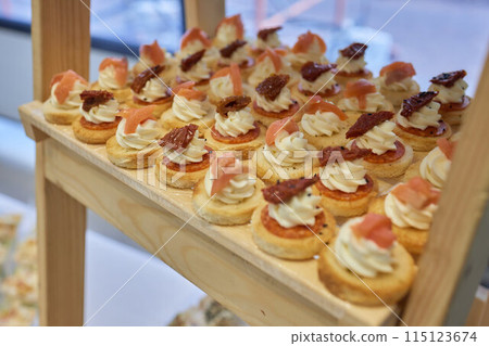 light snacks for the holiday, catering. Various light snacks. Catering plate. Assortment of sandwiches on the buffet table. meat, fish, vegetable canapes. light snacks for the holiday, catering. Various light snacks. Catering plate. Assortment of sandwiches on the buffet table. meat, fish, vegetable canapes. 115123674