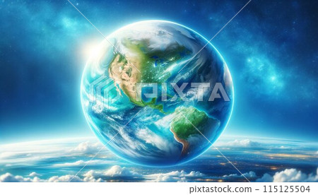 Blue Earth floating in space and nebula 115125504