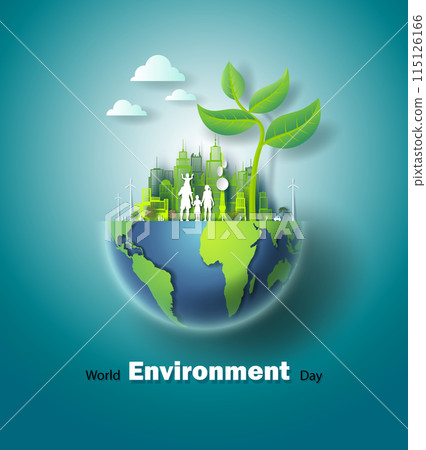 World Environment Day with world map globe and city background. 115126166