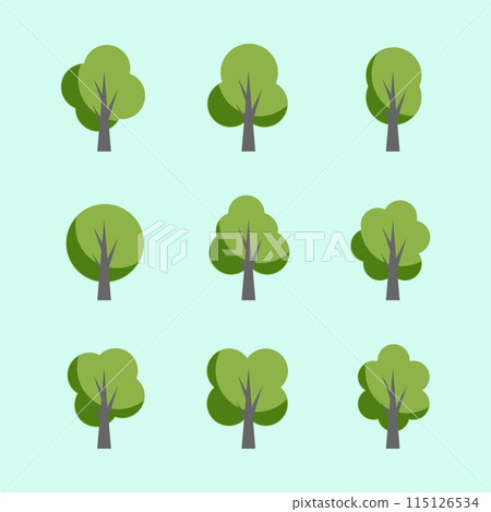 Set of nine flat trees in green tones Set of nine flat trees in green tones 115126534