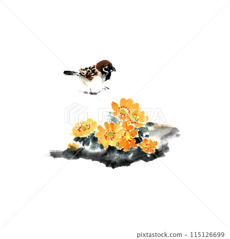 Adonis flowers and sparrows in the snow, painted using ink-wash techniques 115126699
