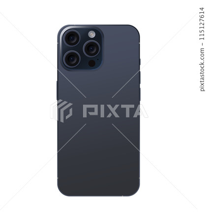 iphone 15 mockup back side view isolated vector illustration on transparent background. Smartphone or mobile phone or cellphone cut out template. 115127614