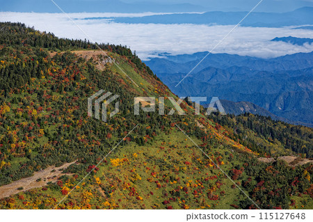 Autumn foliage and sea of clouds at Mount Iegata in the Azuma Mountain Range Autumn foliage and sea of clouds at Mount Iegata in the Azuma Mountain Range 115127648