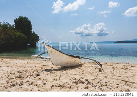 Treditional Filippino boat on the ocean on the sand 115128041