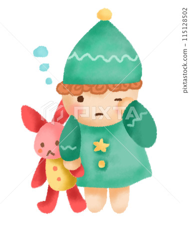 一個穿著睡衣的孩子睡眼惺忪地揉著眼睛 115128502