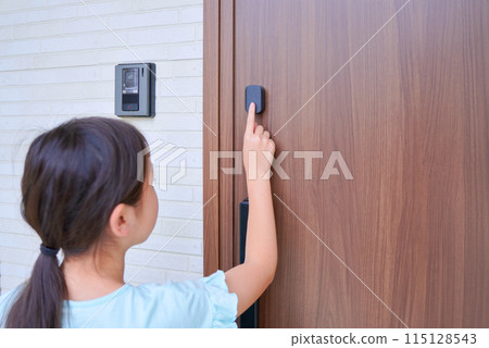Child unlocking front door with fingerprint Child unlocking front door with fingerprint 115128543