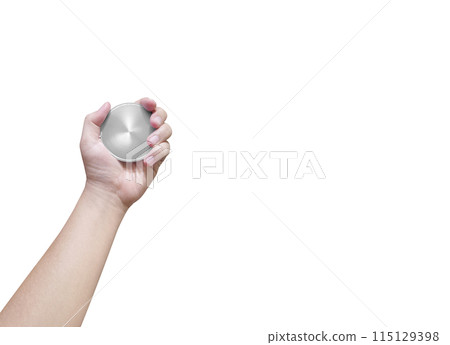 Holding a silver coin on a white background Winner and success concept Holding a silver coin on a white background Winner and success concept 115129398